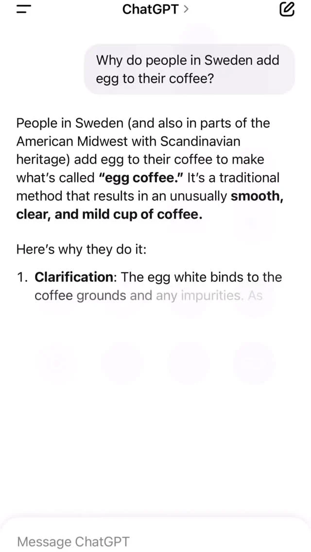 Lots of you asked why we put egg in our kaffe (... nobody asked but humour us). 

Here’s ChatGPT doing the work to explain it... short answer: it purifies the flavour. 

So try it! You’ll thank us later. 🍳